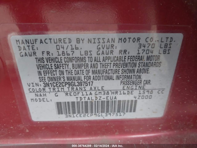 Nissan Versa Note S (sr)/s Plus/sl/sr/sv 2016 3N1CE2CP9GL397517 Image 9