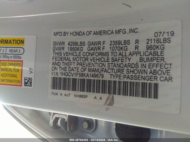 Honda Accord Ex-l 2019 1HGCV1F58KA149679 Image 9