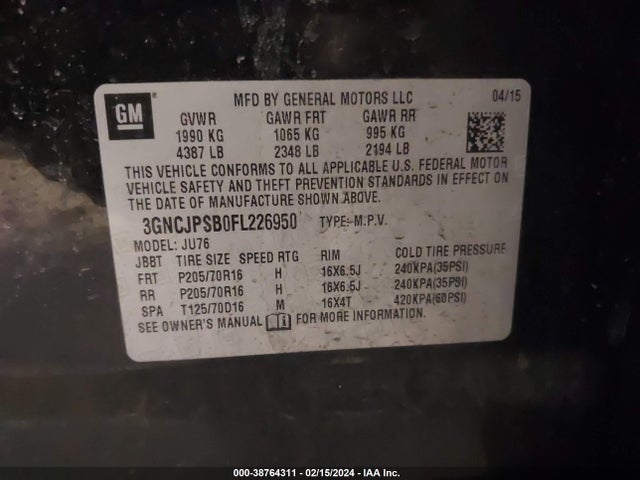 Chevrolet Trax 1ls 2015 3GNCJPSB0FL226950 Image 9