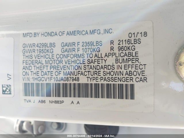 2018 HONDA ACCORD LX VIN: 1HGCV1F10JA087948