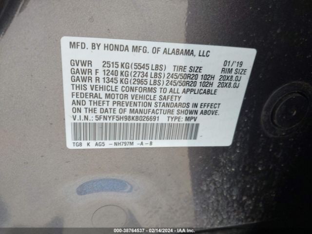 5FNYF5H98KB026691 Honda Pilot Touring