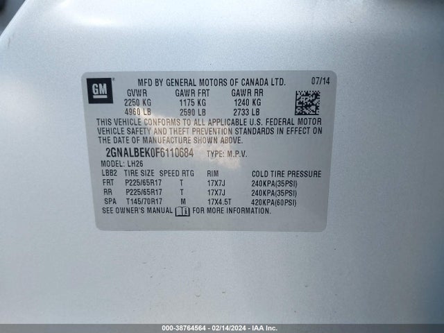 Chevrolet EQUINOX 1LT 2015 2GNALBEK0F6110684 Image 9