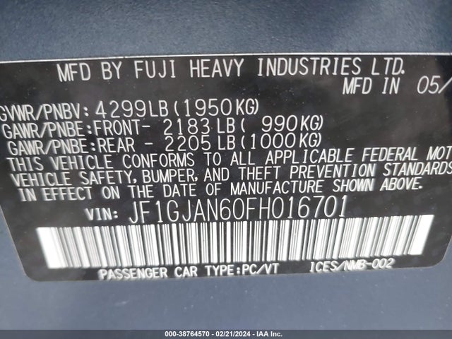 2015 SUBARU IMPREZA 2.0I LIMITED VIN: JF1GJAN60FH016701