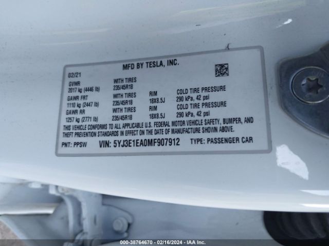 5YJ3E1EA0MF907912 Tesla Model 3 Standard Range Plus Rear-wheel Drive