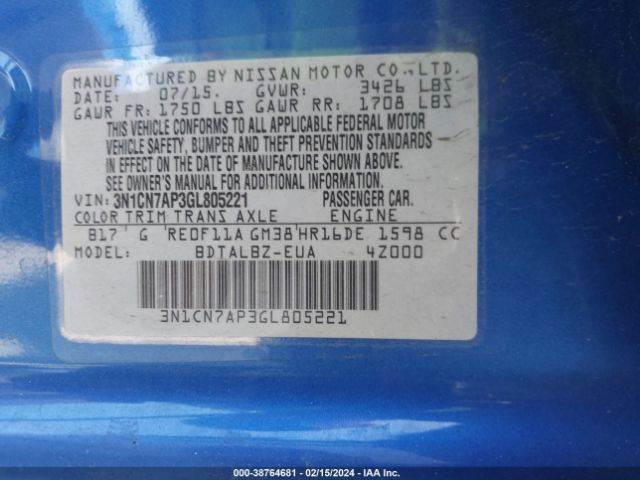 3N1CN7AP3GL805221 Nissan Versa 1.6 S/1.6 S+/1.6 Sl/1.6 Sv
