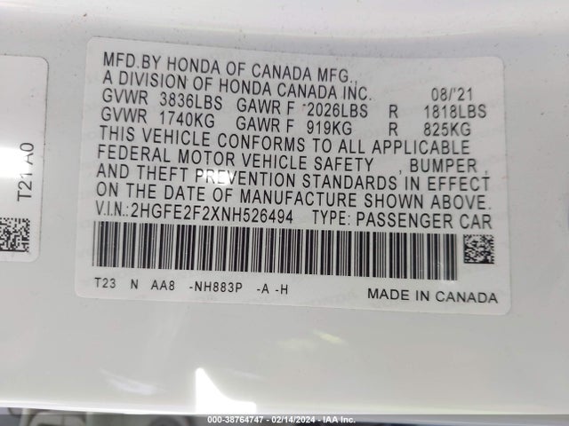 Honda Civic Lx 2022 2HGFE2F2XNH526494 Image 9