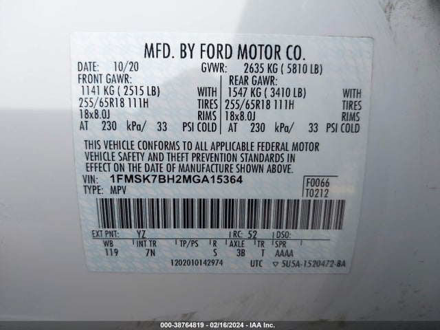 Ford Explorer 2021 1FMSK7BH2MGA15364 Image 9