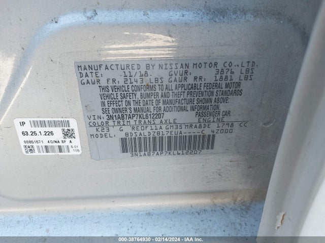 Nissan SENTRA SV 2019 3N1AB7AP7KL612207 Image 9