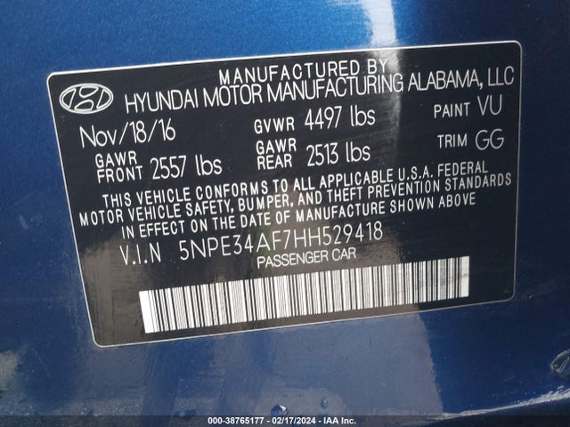 2017 HYUNDAI SONATA SPORT VIN: 5NPE34AF7HH529418