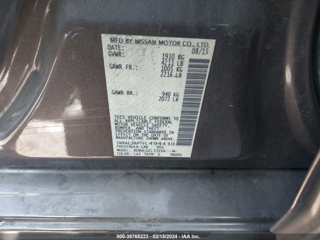 2015 NISSAN ALTIMA 2.5 S VIN: 1N4AL3AP7FC494430