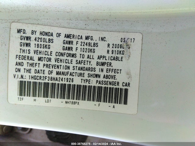 Honda ACCORD LX 2017 1HGCR2F38HA241926 Image 9