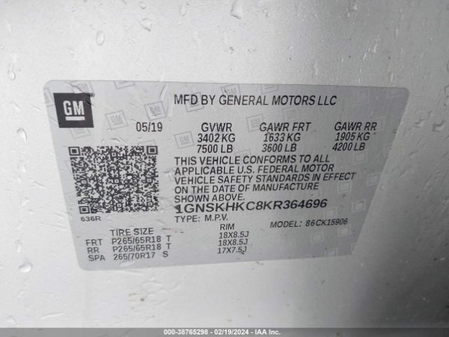 1GNSKHKC8KR364696 Chevrolet Suburban Lt