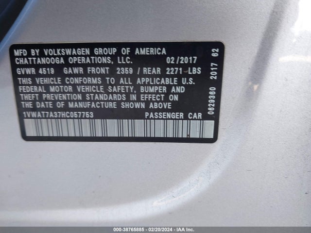 Volkswagen Passat 1.8t S 2017 1VWAT7A37HC057753 Image 9