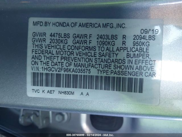 1HGCV2F96KA035575 Honda Accord Touring 2.0t