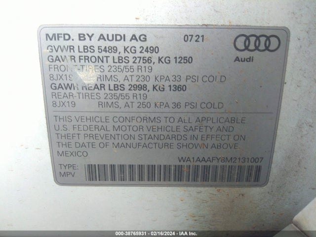 WA1AAAFY8M2131007 Audi Q5 Premium 45 Tfsi Quattro S Tronic
