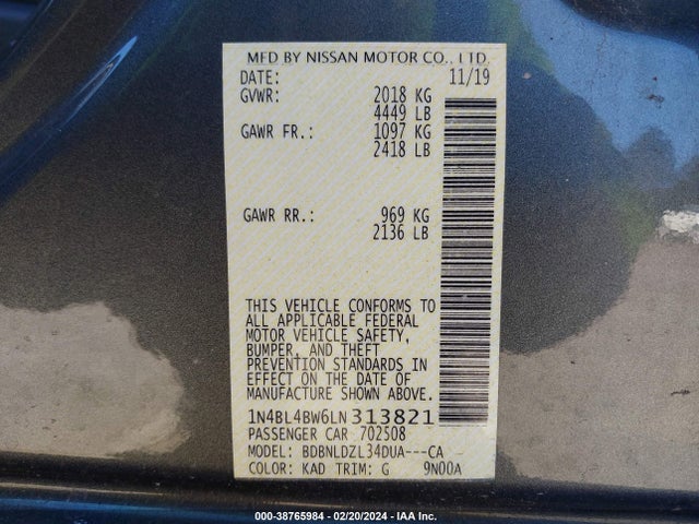 1N4BL4BW6LN313821 Nissan Altima S Intelligent Awd