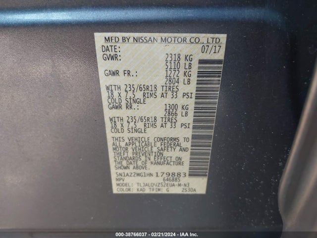 Nissan MURANO SV 2017 5N1AZ2MG1HN179883 Image 9