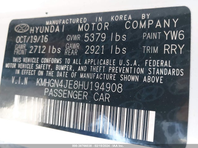 Genesis G80 3.8 2017 KMHGN4JE8HU194908 Image 9