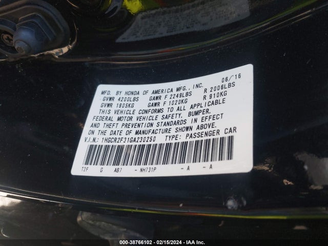 Honda ACCORD LX 2016 1HGCR2F31GA230250 Image 9
