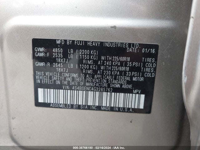 2016 SUBARU OUTBACK 3.6R LIMITED VIN: 4S4BSENC4G3285762