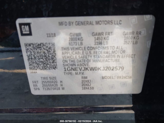 Chevrolet Traverse Rs 2019 1GNEVJKW0KJ202579 Image 9