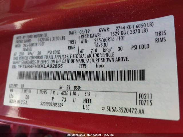 1FTER4FHXKLA92865 Ford Ranger Lariat