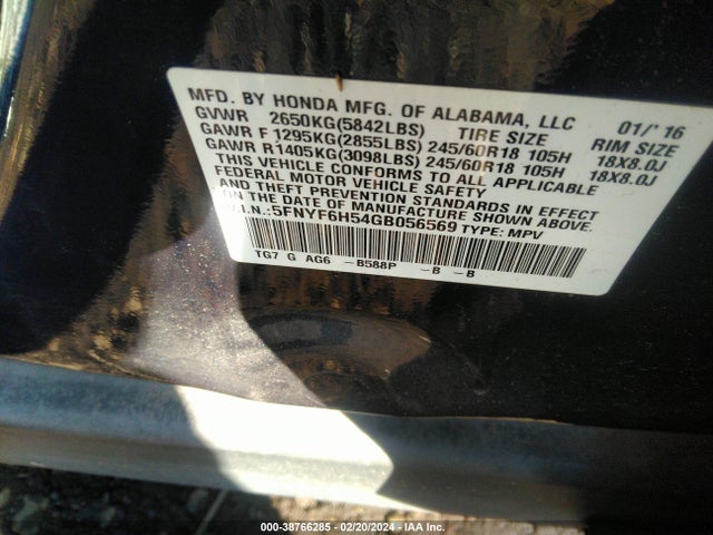 Honda Pilot Ex-l 2016 5FNYF6H54GB056569 Image 9