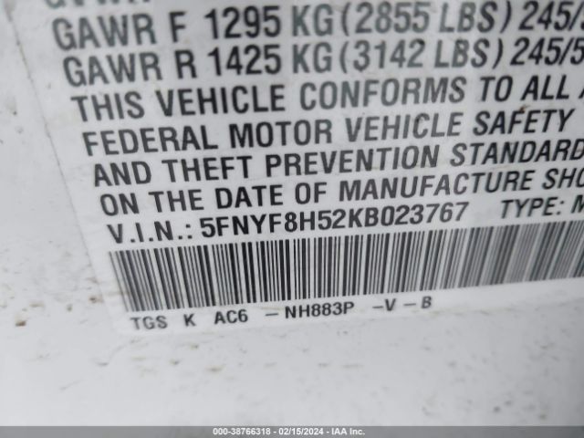 5FNYF8H52KB023767 Honda Passport Ex-l