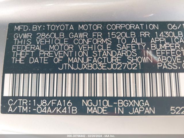 JTNJJXB03EJ027021 Scion Iq 10 Series