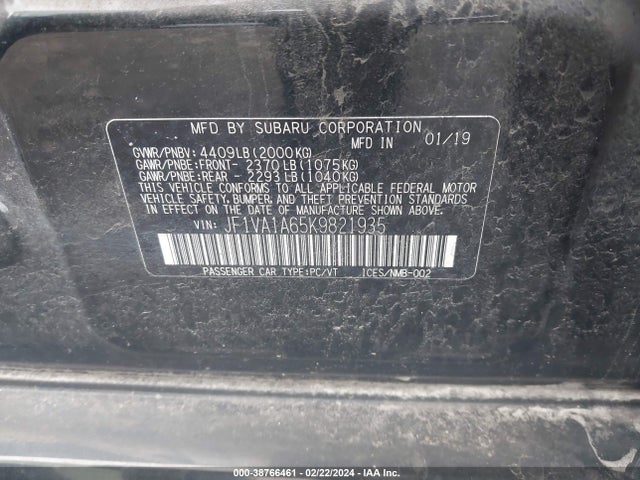 2019 Subaru Wrx მანქანა იყიდება აუქციონზე, vin: JF1VA1A65K9821935, აუქციონის ნომერი: 38766461