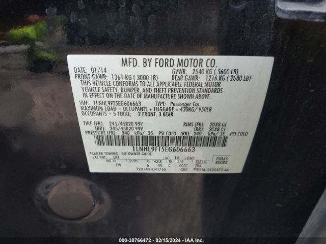 1LNHL9FT5EG606663 Lincoln Mks Ecoboost