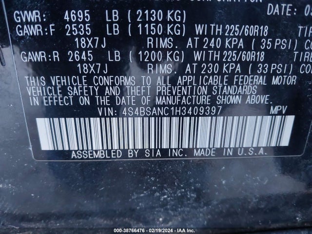 Subaru Outback 2.5i Limited 2017 4S4BSANC1H3409397 Image 9