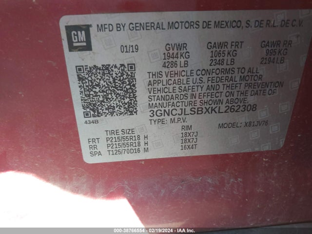 Chevrolet Trax Lt 2019 3GNCJLSBXKL262308 Image 9
