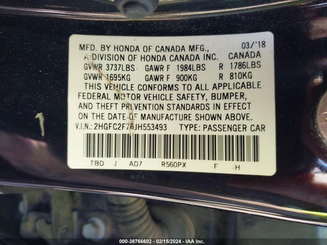 Honda CIVIC EX 2018 2HGFC2F76JH553493 Image 9