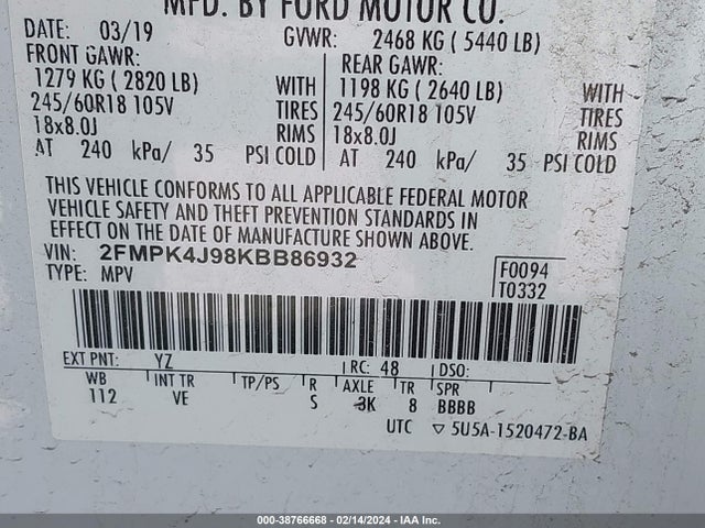 Ford EDGE SEL 2019 2FMPK4J98KBB86932 Image 9