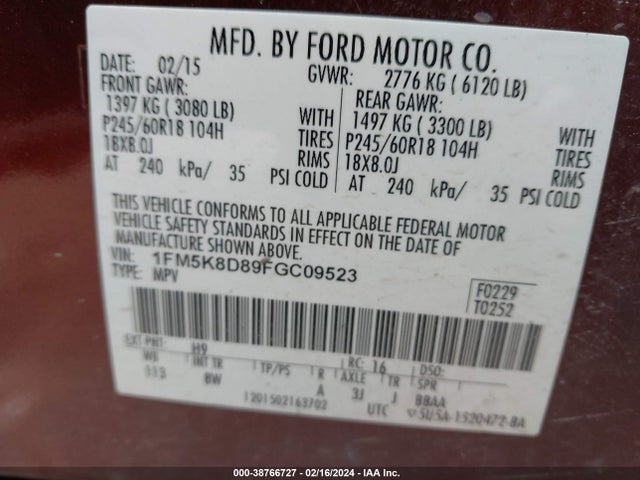 Ford EXPLORER XLT 2015 1FM5K8D89FGC09523 Image 9