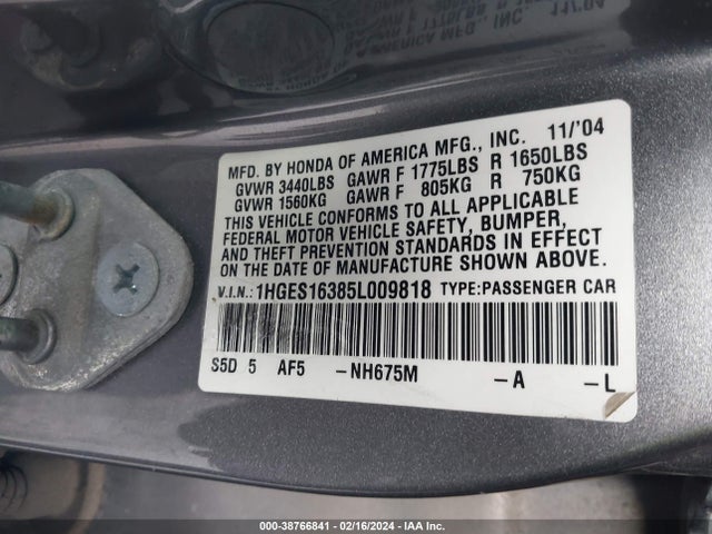 2005 HONDA CIVIC VP VIN: 1HGES16385L009818