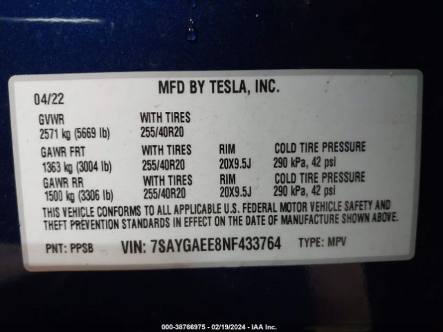 2022 TESLA MODEL Y 7SAYGAEE8NF433764 Photo 8