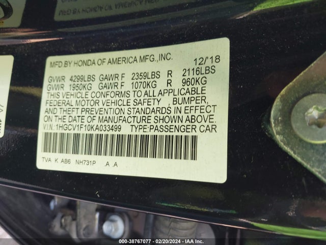Honda ACCORD LX 2019 1HGCV1F10KA033499 Image 9