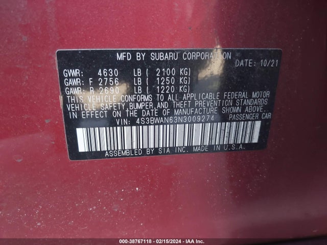 4S3BWAN63N3009274 Subaru Legacy Limited