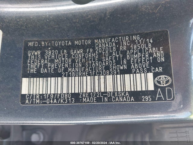 Toyota Corolla S Plus 2015 2T1BURHE1FC308391 Image 9