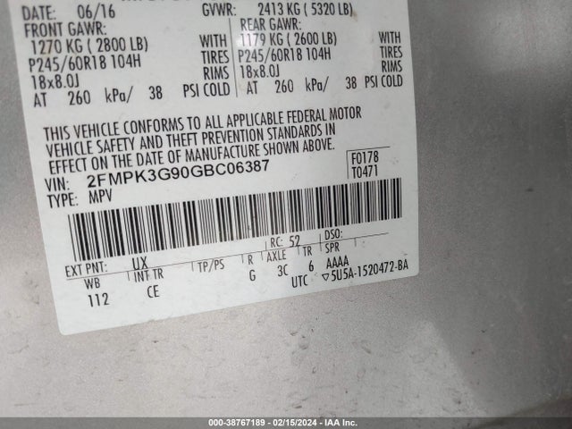 Ford EDGE SE 2016 2FMPK3G90GBC06387 Image 9