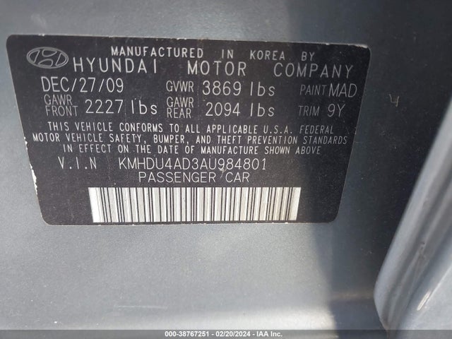 2010 HYUNDAI ELANTRA GLS VIN: KMHDU4AD3AU984801