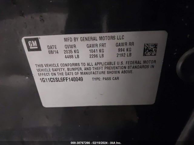 Chevrolet MALIBU 1LT 2015 1G11C5SL6FF140049 Image 9