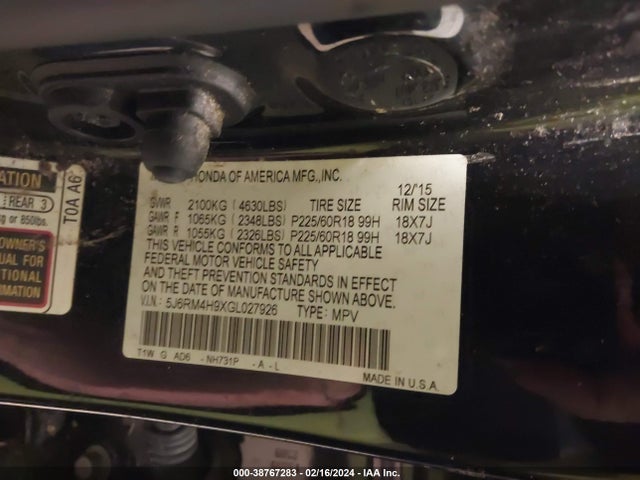 Honda Cr-v Touring 2016 5J6RM4H9XGL027926 Image 9