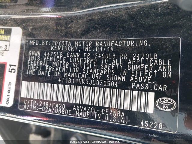 Toyota CAMRY LE 2018 4T1B11HK3JU070504 Image 9