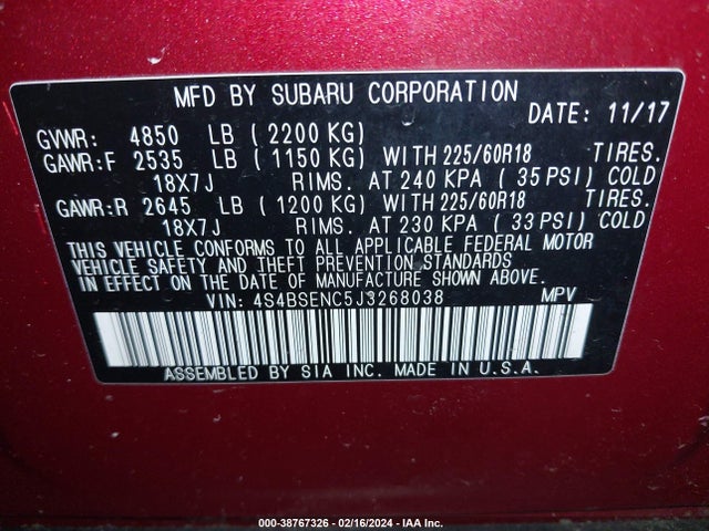 Subaru Outback 3.6r Limited 2018 4S4BSENC5J3268038 Image 9