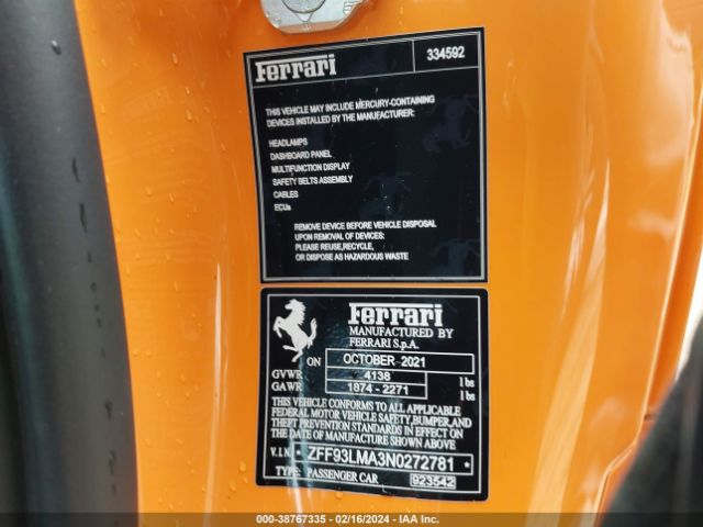 ZFF93LMA3N0272781 Ferrari F8 Spider