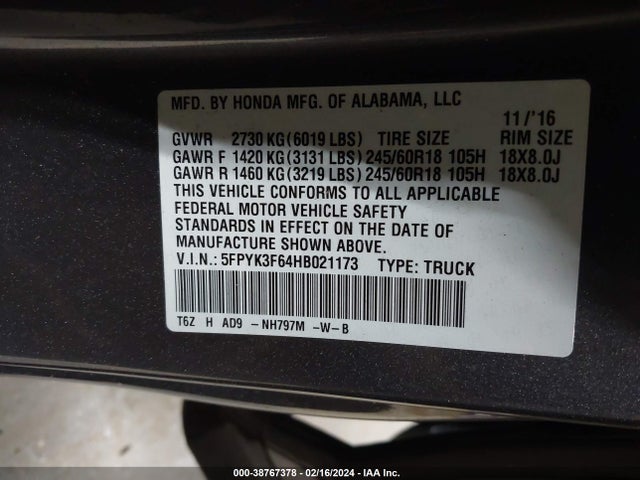 Honda Ridgeline Rtl-t 2017 5FPYK3F64HB021173 Image 9