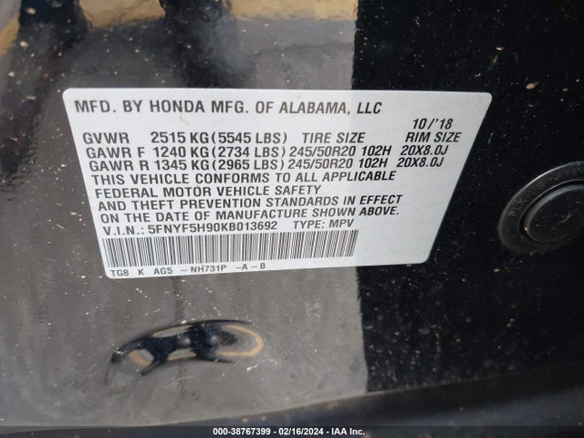 Honda Pilot Touring 2019 5FNYF5H90KB013692 Image 9